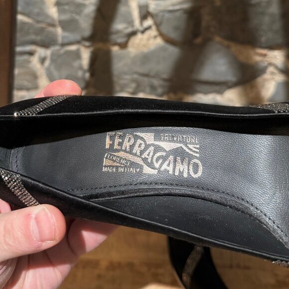 Salvatore Ferragamo Black Satin Crystal Embellished Pumps - Picture 9 of 12